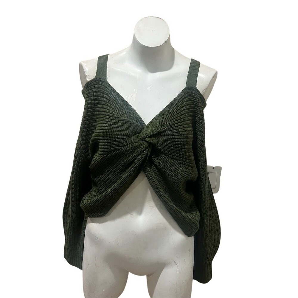 Fashion Nova Sweater Womens Size M Olive Green Ribbed Knit Cold Shoulder